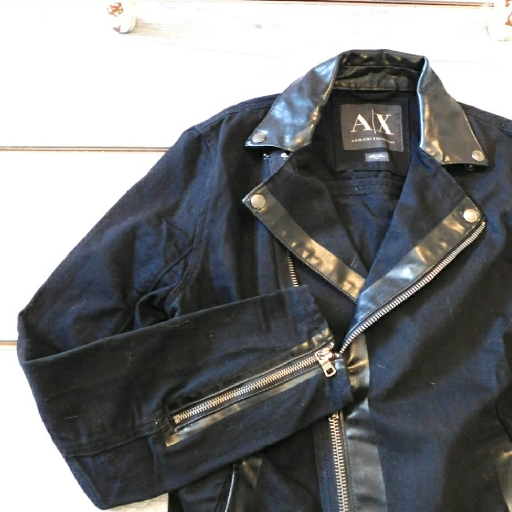 VTG ARMANI EXCHANGE WMNS BLK LTHR TRIM MOTO JACKET - Picture 6 of 7
